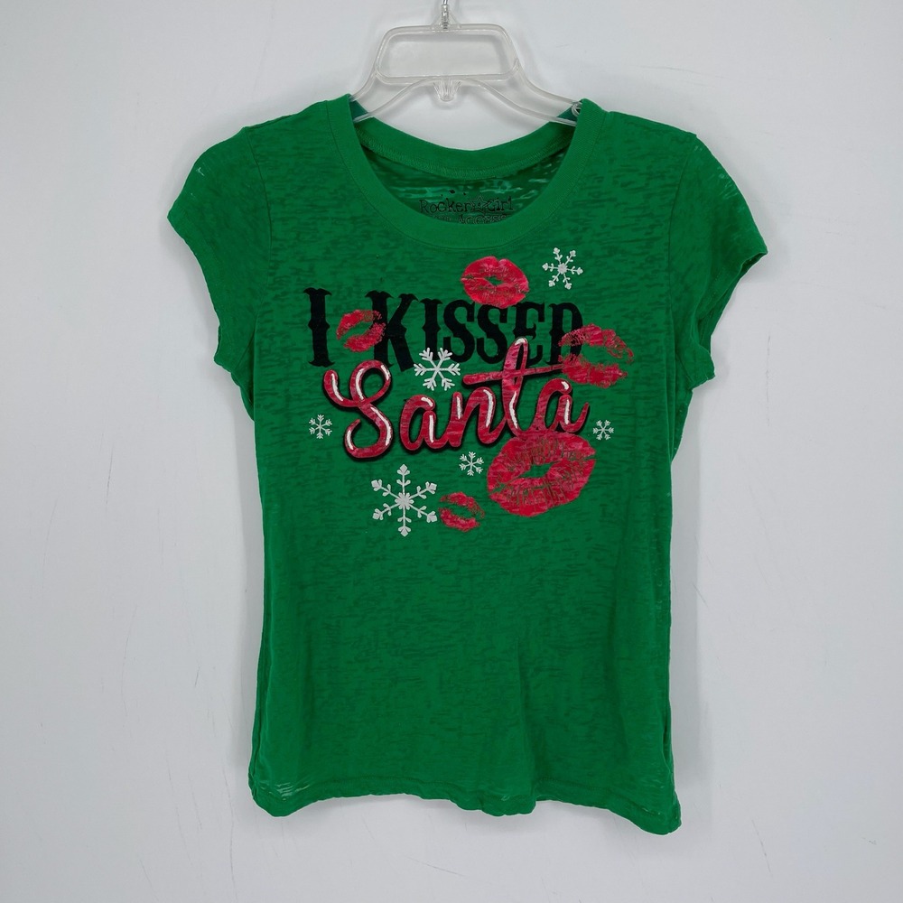 Rocker Girl Women's Green I Kissed Santa Graphic Short Sleeve T-Shirt Size 11-13